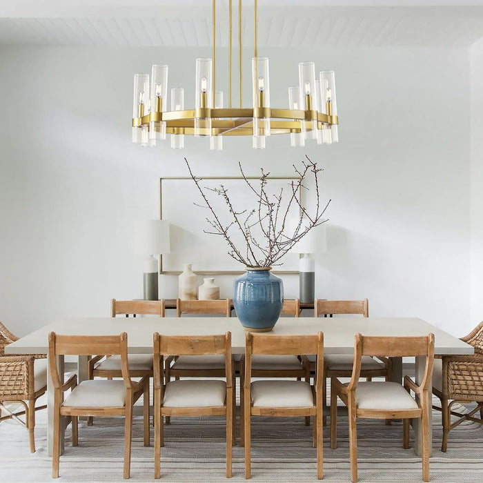 12 Light Brass round Chandelier 36" Wagon Wheel Chandeliers for Dining Room Light Fixture Clear Glass Tube Chandelier Modern Farmhouse Chandeliers for Livingroom Foyer, Bulb Included
