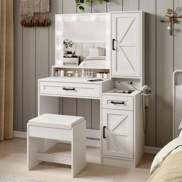 Vanity Desk with Mirror and Lights,Make up Vanity with Chair and Outlet,Dressing Table with Jewelry Cabinet, Bedroom Vanity with 2 Drawers, 3 Lighting Colors,36.4 Inch,Antique White