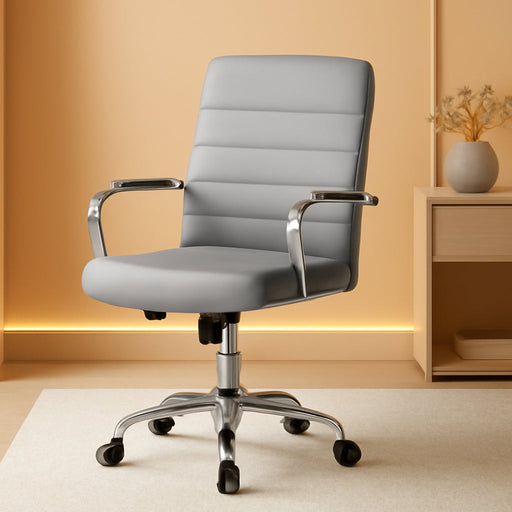 Mid-Back Office Chair with Arms Swivel PU Leather Height Adjustable Office Executive Chair, Light Gray
