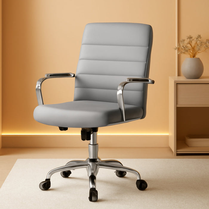 Mid-Back Office Chair with Arms Swivel PU Leather Height Adjustable Office Executive Chair, Light Gray