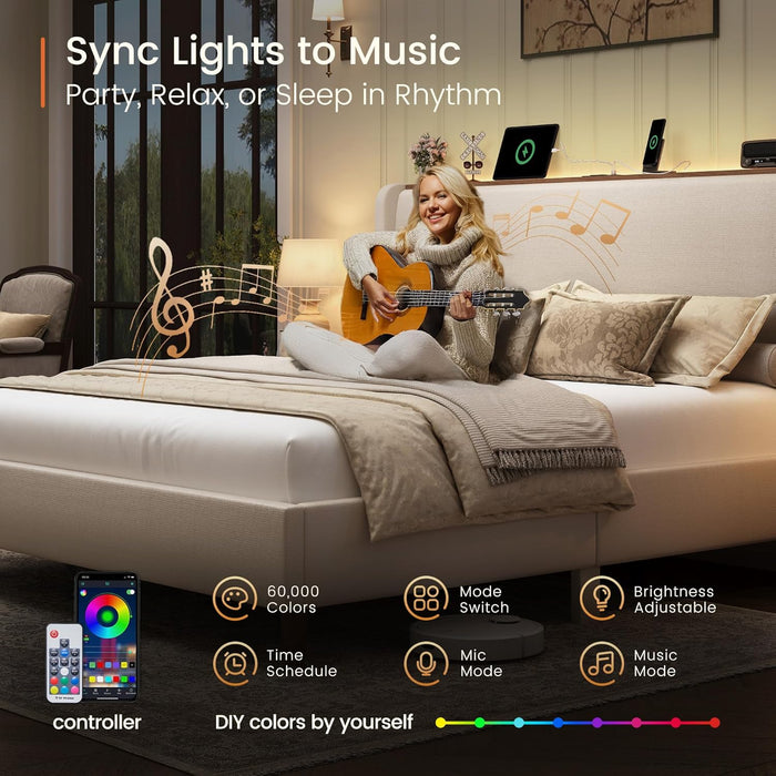 Queen Size Bed Frame with LED Lights and Charging Station Linen Upholstered Platform Bed Frame with 51.2" Tall Headboard Wingback and Storage Shelf, No Box Spring Needed, Noise Free, Beige