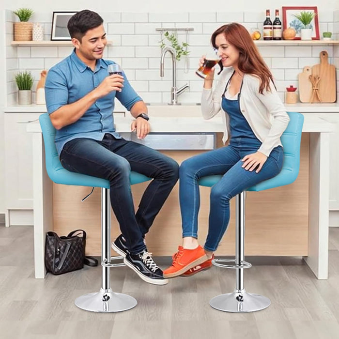 Set of 4 Adjustable Swivel Barstools, Modern PU Leather Kitchen Counter Bar Stools, Square Back Bar Stool (Blue)