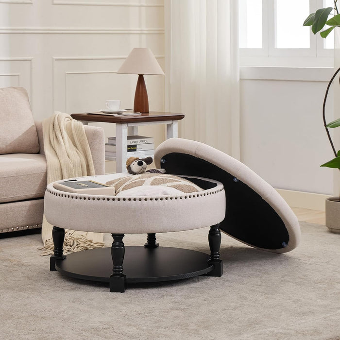 31.5" Large round Storage Ottoman, Upholstered Tufted Linen Ottoman Coffee Table, Large Footrest with Solid Wooden Legs Wood Shelf Storage, Side Table for Living Room Bedroom Office, Beige