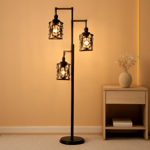 Dimmable Floor Lamp, Farmhouse Standing Lamp with Elegant Metal Cage, Industrial Tall Tree Floor Lamps for Living Room, Bedroom, Study Room, Office, 2000LM LED Bulbs Included - 68", Black