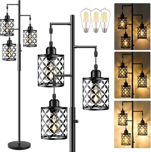 Dimmable Floor Lamp, Farmhouse Standing Lamp with Elegant Metal Cage, Industrial Tall Tree Floor Lamps for Living Room, Bedroom, Study Room, Office, 2000LM LED Bulbs Included - 68", Black