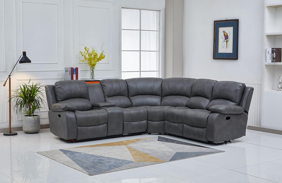 Bonded Leather Sectional Sofa 3 Recliners, Grey