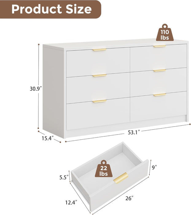 53" Wide 6 Drawer Dresser for Bedroom, Modern Simple Wood Dresser Chest of Drawers Closet Store Organizer for Living Room, Hallway (White, 15.4" D X 53.1" W X 30.9" H (6 Drawers))