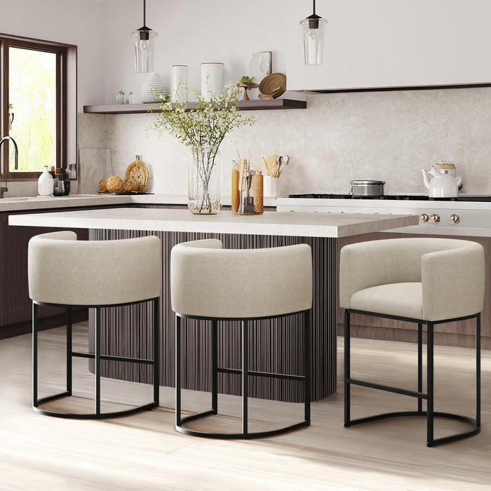 Counter Height Bar Stools Set of 2, 24 Inch Seat Height Barstools for Dining Room, Fabric Upholstered Bar Chair for Kitchen Island, Linen Counter Stools with Metal Legs, Beige