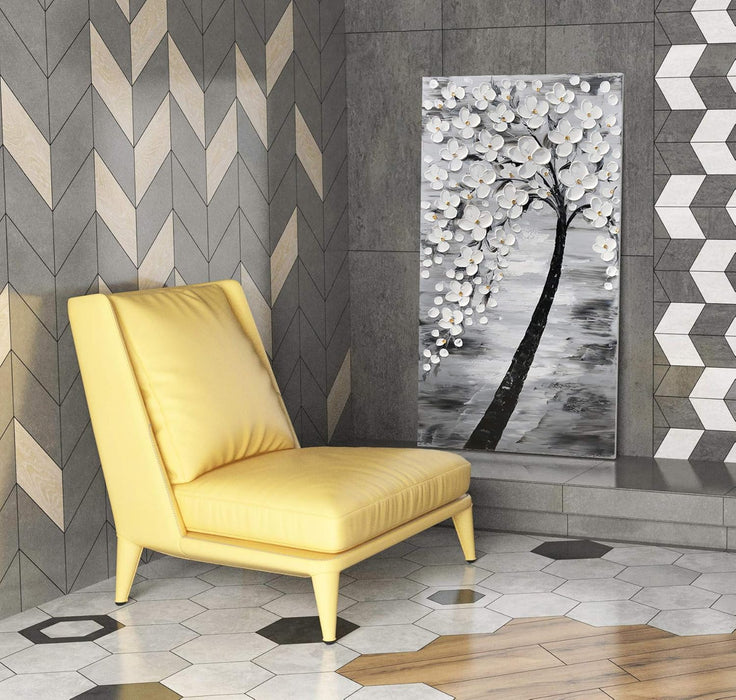 3D White Flower Canvas Wall Art Hand Painted Grey Paintings Vertical Artwork for Living Room Bedroom Hallway Decoration