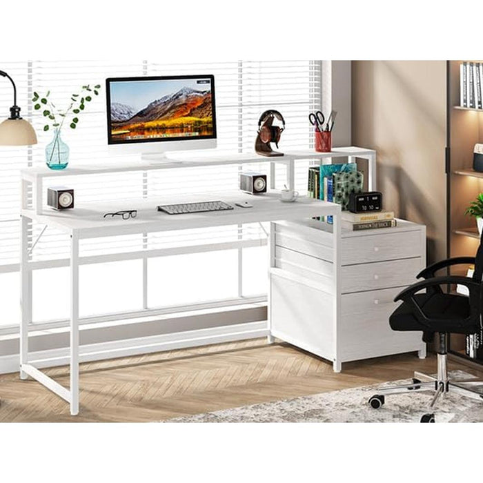 White Computer Desk with File Cabinet & Monitor Stand