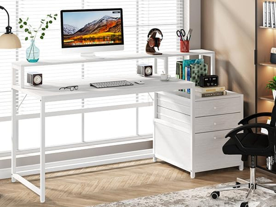 White Computer Desk with File Cabinet & Monitor Stand