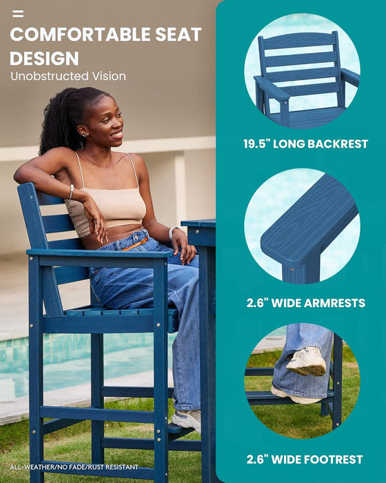 Outdoor Bar Table and Chairs Set, Adirondack Bar Chairs Set of 2 and Bar Height Table, All Weather HDPE Outdoor Patio Bar Set, Outdoor Furniture for Outside, Poolside, Backyard, Garden, Blue