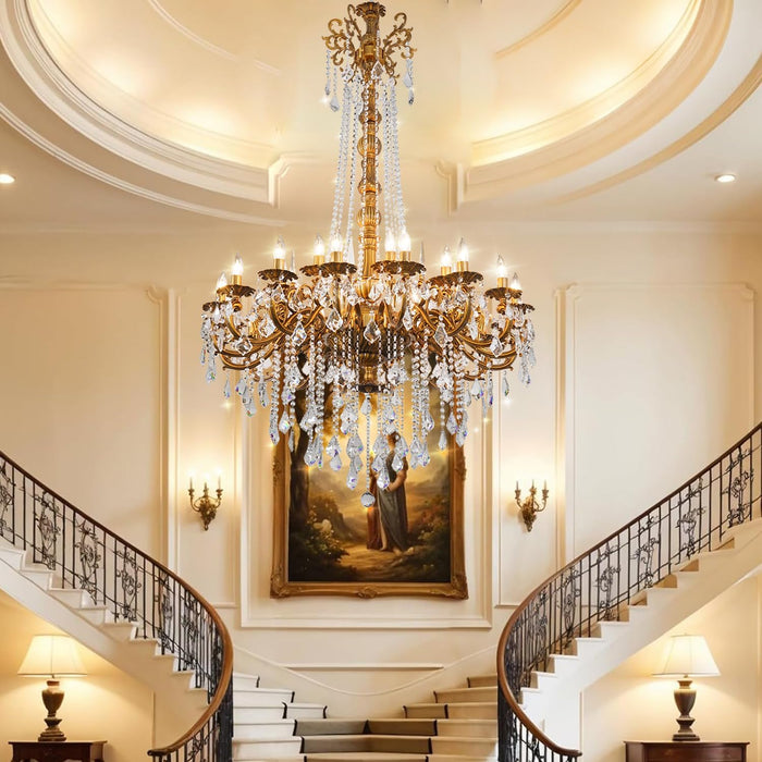 24-Light Antique Gold Crystal Chandelier, Extra Large Luxury Candle Chandelier Lighting Fixture for High Ceiling Foyer, Grand Entryway Living Room, Oversized D39 H64