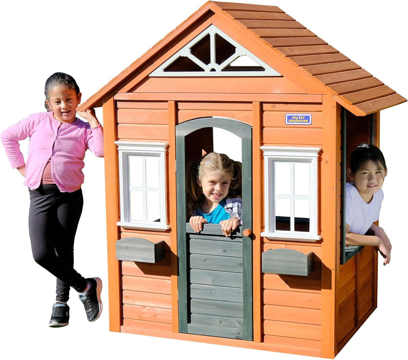 My First Wooden Playhouse: Working Door, Open Concept Design and Flower Pot Holders Constructed from Premium Wood (Pre-Cut and Stained)