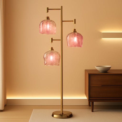 Glass Floor Lamp for Living Room,Bedroom,Gold Flower Mid Century Modern Standing Lamp Brass Tree 3 Light Tall Floor Lamps Vintage Floor Lights Pink Lamp Shade Farmhouse Boho Bohemian