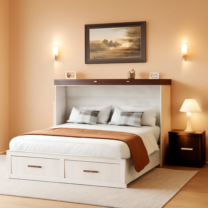 Queen Size Multi-Functional Murphy Cabinet Bed with Charging Station, Farmhouse Queen Size Bed Frame with Drawer, Hidden Folding Murphy Bed Chest for Bedroom, Rustic White