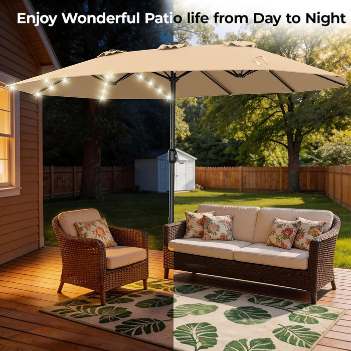 15Ft Large Double Sided Patio Umbrella with 48 Solar LED Lights & Base Included, Heavy Duty Market Table Umbrella with 220Gsm Fade-Resistant Canopy for Commercial & Residential, Deck, Pool, Backyard (Beige)