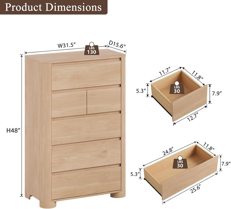Dresser for Bedroom with 6 Drawers, 48" Tall Modern Chest of Drawers with Unique Thickened Foot, Rounded Corner Design, Wooden Dresser Organizer for Bedroom, Living Room, Hallway, Natural Oak