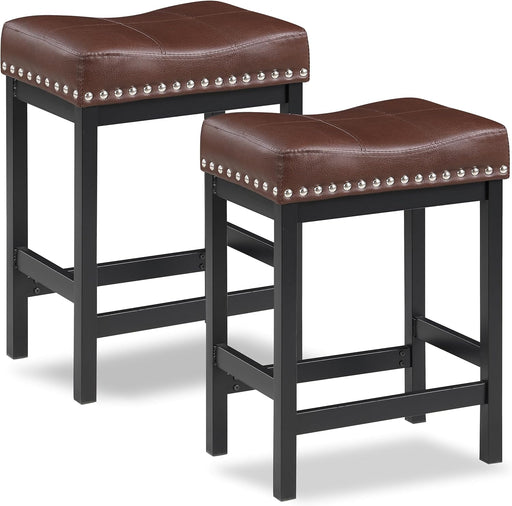 Bar Stools Set of 2, 24" Counter Height Bar Stools, Pu Leather Barstools Metal Frame for Kitchen Island, Saddle Barstools with Nailhead Trim, Brown