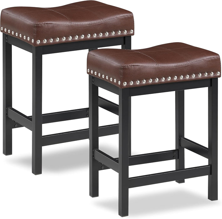 Bar Stools Set of 2, 24" Counter Height Bar Stools, Pu Leather Barstools Metal Frame for Kitchen Island, Saddle Barstools with Nailhead Trim, Brown