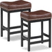 Bar Stools Set of 2, 24" Counter Height Bar Stools, Pu Leather Barstools Metal Frame for Kitchen Island, Saddle Barstools with Nailhead Trim, Brown