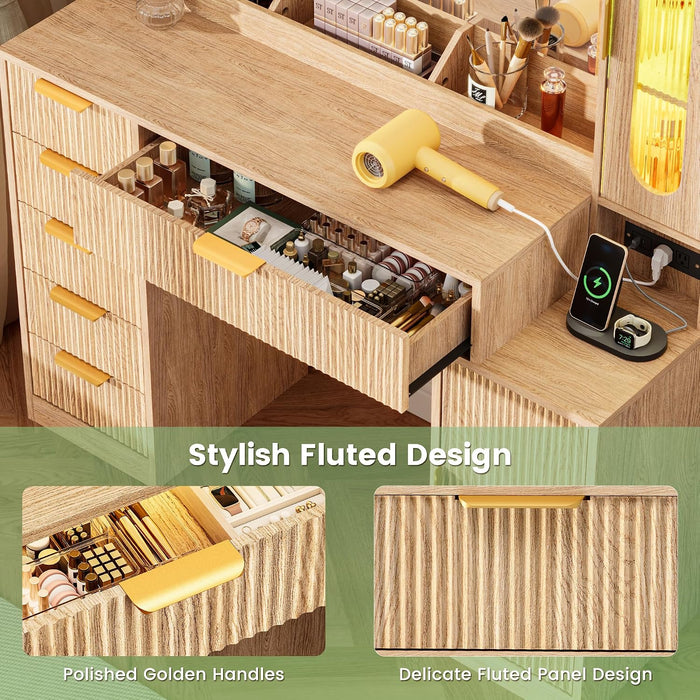 Fluted Makeup Vanity Desk with Large 31.4" Mirror and Sound Sync RGB Lights, Wood Vanity with 6 Drawers, 2 Cabinet & 3 Compartments, Charging Station, Bedroom Dressing Table, Natural Oak