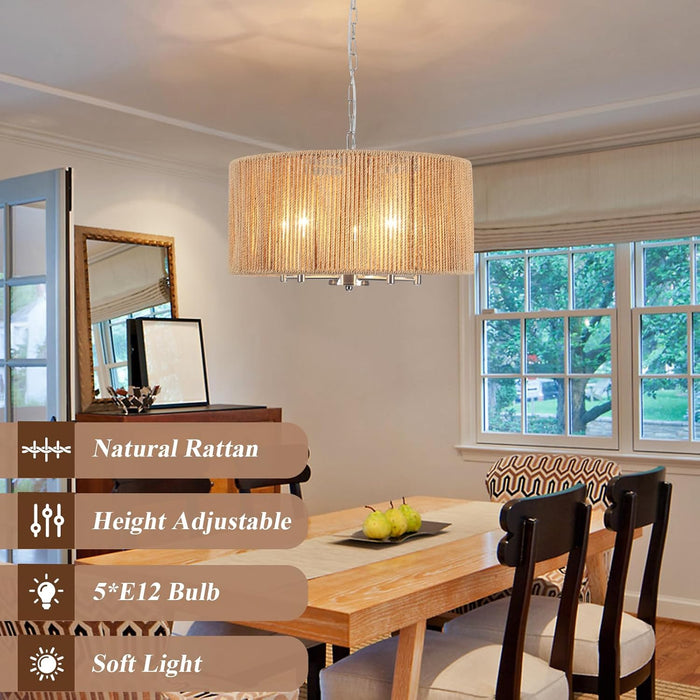 Rattan Chandelier Brushed Nickel Five Light Pendant