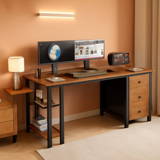 55 Inch Computer Desk with 4 Fabric Drawers & Storage Shelves, Writing Work Study Desk for Home Office Bedroom, Modern Simple Student PC Desks Table, Rustic Brown