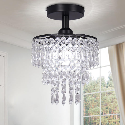 Small Crystal Chandelier Flush Mount Ceiling Light 3 Tiers Raindrops Crystal Chandeliers for Bedroom Hallway Foyer Living Room Entryway Closet,Black