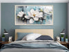 Magnolia Wall Art Framed Canvas Wall Decor Living Room, White Floral Picture Wall Decor Teal Painting Flower Textured Artwork for Bedroom Dining Room Home Office 40"X20"