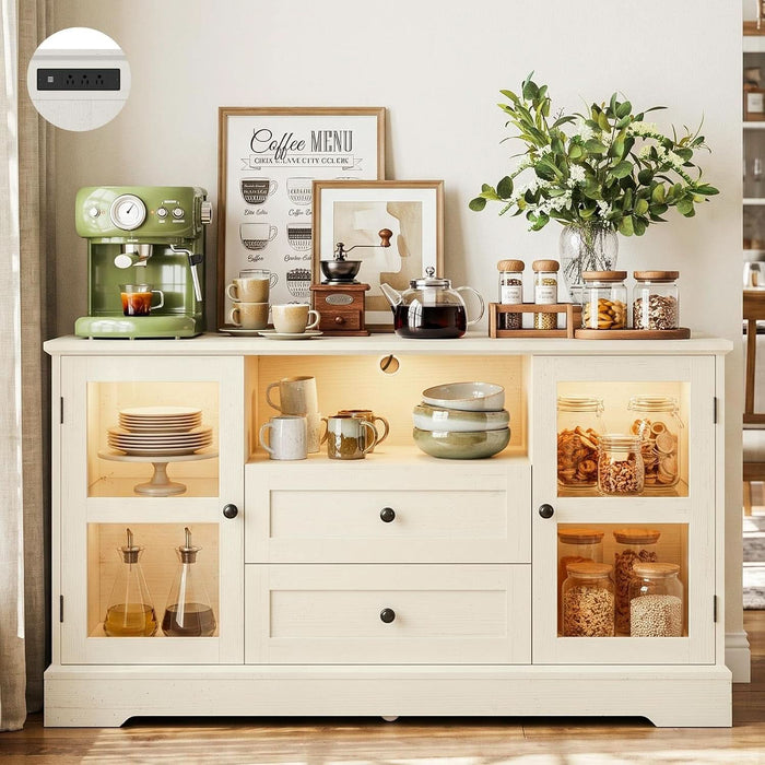 55" Buffet Cabinet with Storage & Power Outlet, Sideboard Cabinet with 2 Tempered Glass Doors, 2 Drawers, RGB Lighting & Adjustable Shelves, Coffee Bar Cabinet, Rustic White