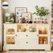 55" Buffet Cabinet with Storage & Power Outlet, Sideboard Cabinet with 2 Tempered Glass Doors, 2 Drawers, RGB Lighting & Adjustable Shelves, Coffee Bar Cabinet, Rustic White