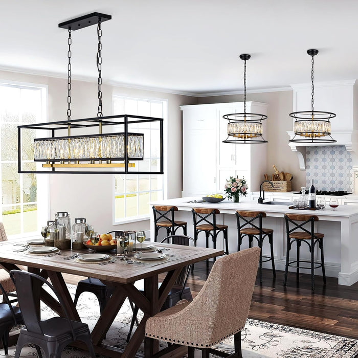 Crystal Chandeliers for Dining Room 6-Light Rectangle Modern Farmhouse Pendant Light Fixture for Kitchen Island Bar, L35 Inch