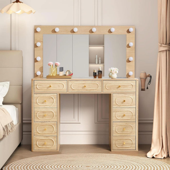 Fluted Vanity Desk with Mirror and Lights, Power Outlets, Modern Wood Vanity Desk Makeup Table with 11 Drawers, 3 Color Modes Dressing Table with Storage for Bedroom, Living Room, Natural