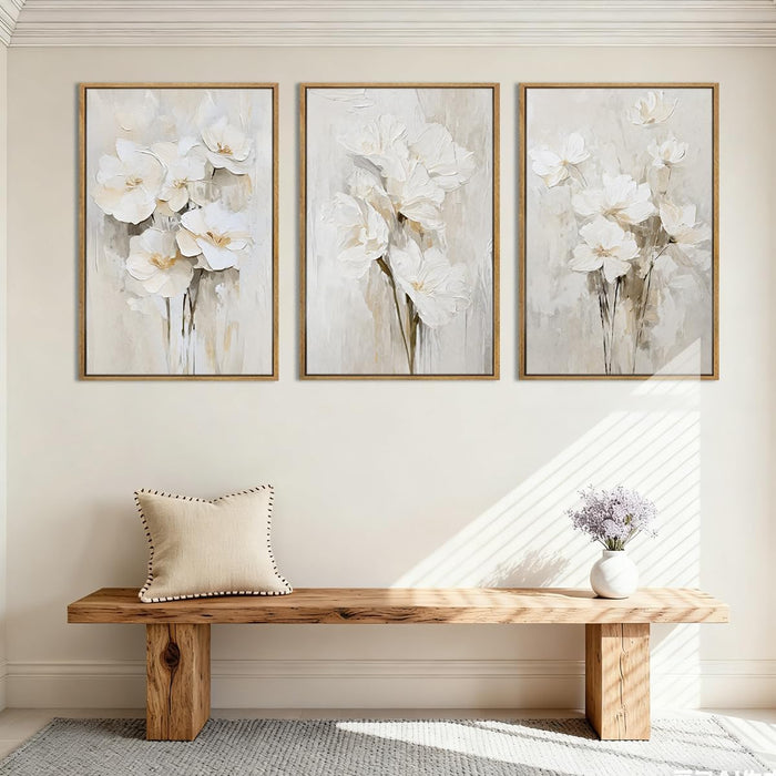 Extra Large Beige Floral Framed Wall Art 24X36 Inch Neutral White Flower Canvas Wall Art Farmhouse Wildflower Botanical Artwork for Living Room Bedroom Dining Room Set of 3