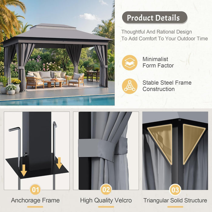 Outdoor 10'X 13' Gazebo,Large Soft Top Deck Gazebo with Mosquito Netting, Heavy Duty Metal Frame Canopy with Expansion Bolts and Double Roofs，Party Tent & Shelte for Backyard, Garden (Grey)