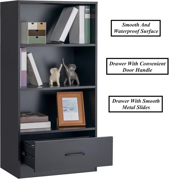 4 Tier Bookshelf Bookcase Storage Shelf Display Cabinet with Drawer Ample Storage and Display Space Safe with Anti-Toppling Device Perfect for Sturdy Room Bedroom Living Room Home Office Use