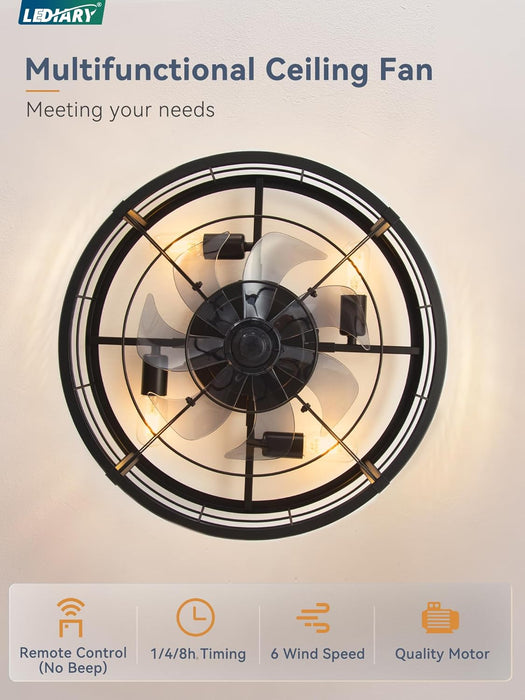 20" Caged Ceiling Fan with Light and Remote, Low Profile Flush Mount Fandelier, Black Bladeless Enclosed Small Fan Lights Ceiling Fixtures, Rustic Farmhouse Style for Bedroom, Outdoor