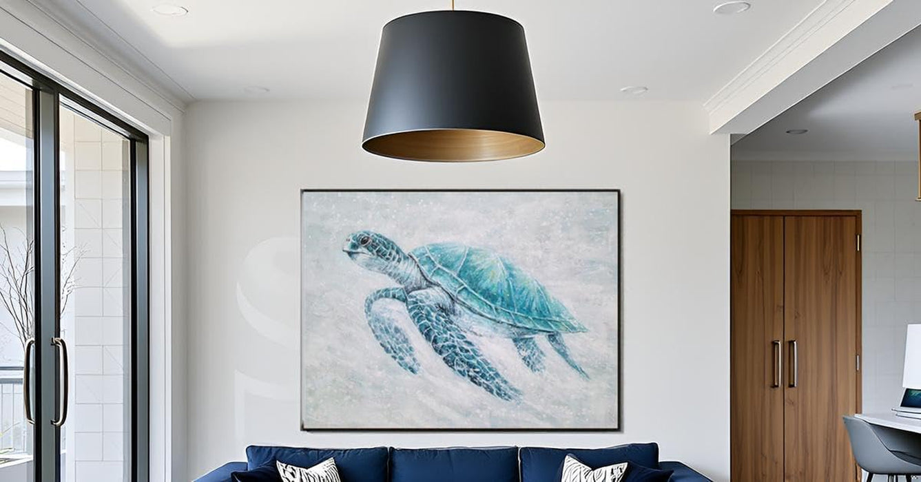 Sea Turtle Canvas Wall Art - Modern Hand Painted Teal Ocean Animal Artwork
