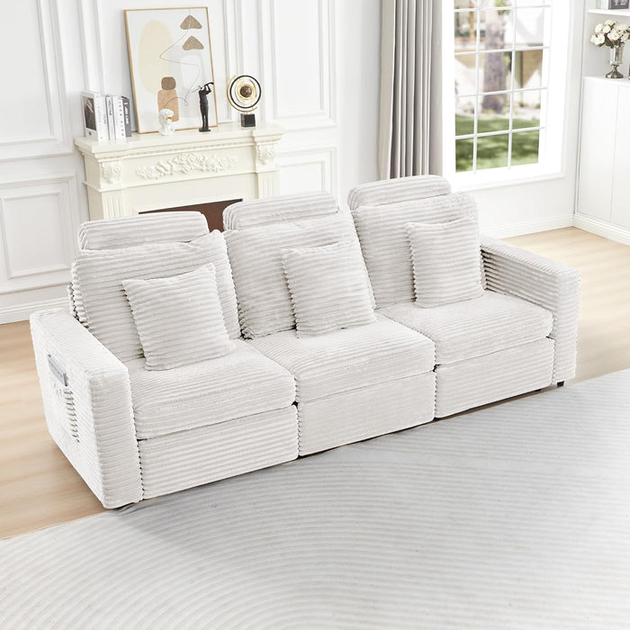 Recliner Sofa, 3 Seater Reclining Sofa with Pillows & Side Pockets, Comfy Corduroy Power Recliner Sectional Couches for Living Room, Apartment, Home Theater (White)