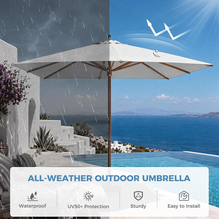 10X10 FT Rectangular Patio Umbrella with 3-Year-No-Fade Olifen Fabric, Outdoor Umbrella with 8 Faux-Wood Grain Aluminum Ribs, Market Umbrella with Pulley Lift for Poolside, Deck, Backyard, Light Gray