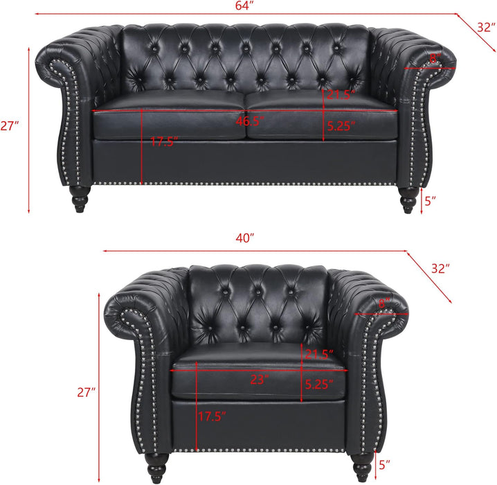 2 Pieces of Living Room Furniture Sofa Sets,Modern Contemporary Tufted Button Faux Leather Accent Club Chair&Chesterfield Loveseat Sofas Set with Nailhead Trim Scroll Arms for Home,Black