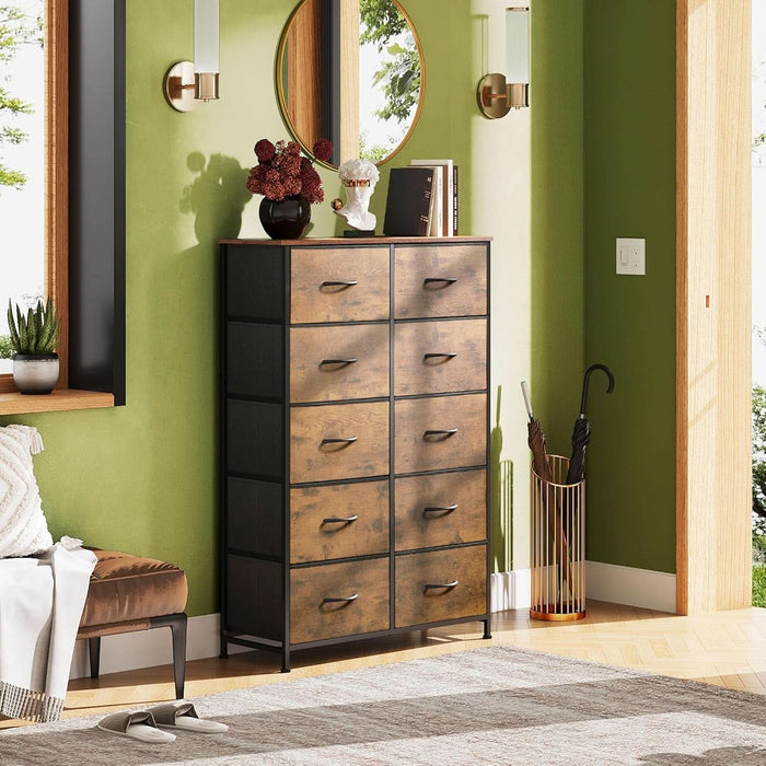 Tall Dresser with 10 Fabric Drawers Brown Woodgrain Tall Dresser with 10 Fabric Drawers Brown Woodgrain