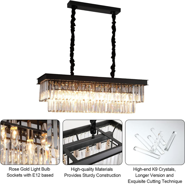 Crystal Chandelier for Dining Room,Rectangular Black Chandelier Modern Rectangle Pendant Light Fixtures for Kitchen Island L33” K9 Contemporary Long Chandelier