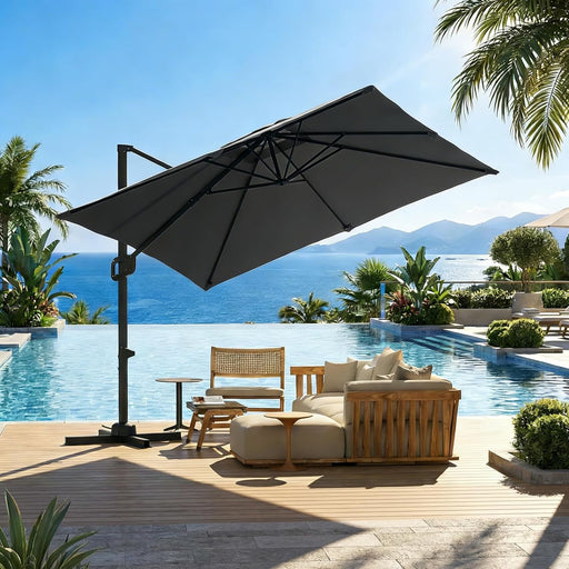 Large Cantilever Patio Umbrella, 10 Ft X 10 Ft Heavy Duty Aluminum Cantilever Offset Outdoor Umbrella with 360-Degree Rotation for Backyard, Deck, Pool (Grey)