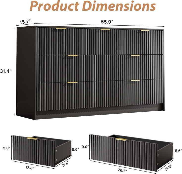 56" Wide Fluted 7-Drawer Dresser for Bedroom, Black