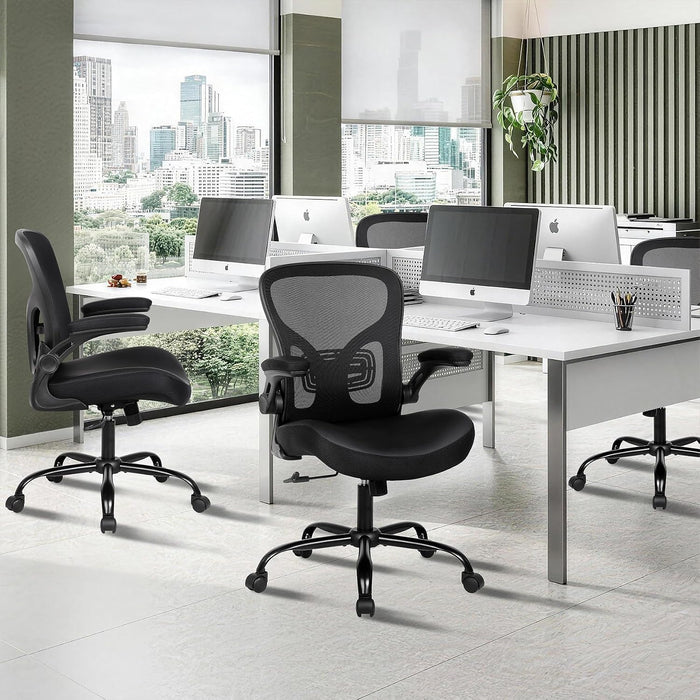 Ergonomic Office Chair, Flip-Up Armrest, Mesh Back PU Leather Seat
