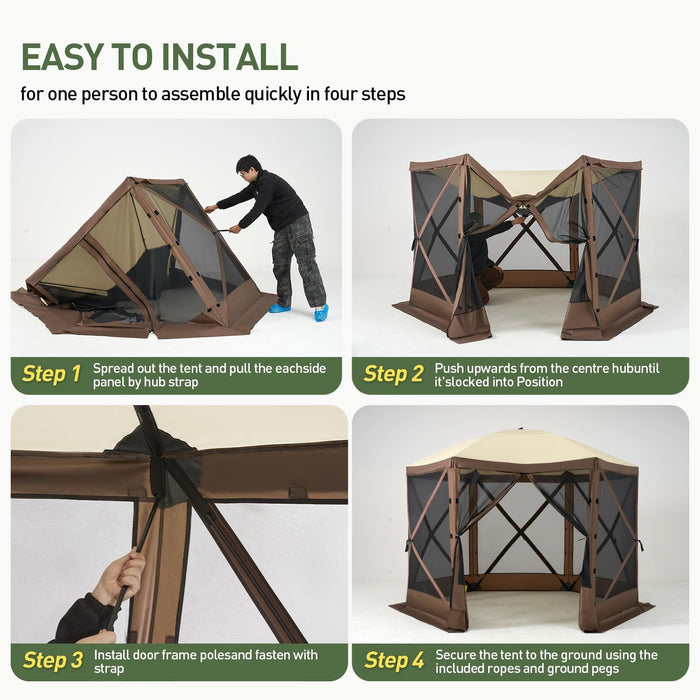 12X12Ft Pop up Canopy Tent, 6-Sided Pop-Up Gazebo Screen Tent with Mesh Windows, Outdoor Canopy Shelter Tent with Carrying Bag, Large Shade Tents for Camping, Backyard, Patio, Lawn, Brown