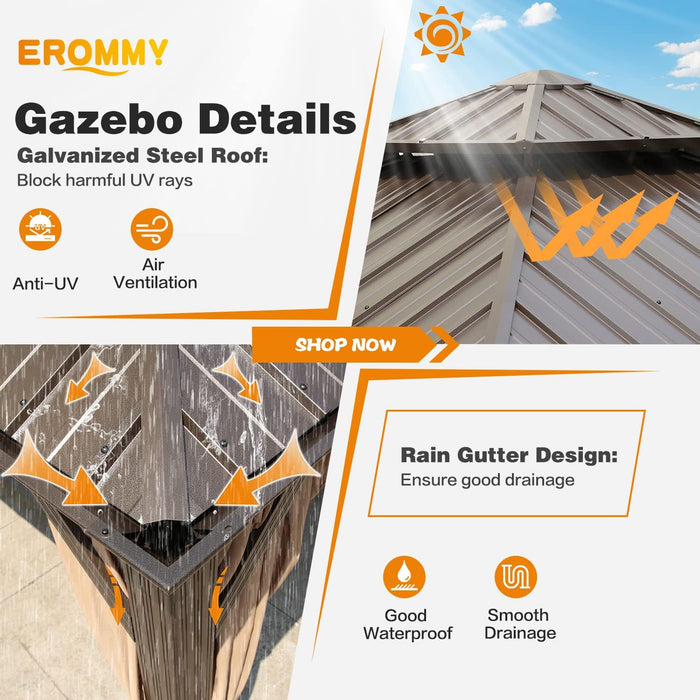 12' X 12' Gazebo Hardtop Double Roof Galvanized Steel Gazebos with Netting and Curtains Outdoor Aluminum Frame Permanent Metal Pavilion for Patio Backyard Deck and Lawns
