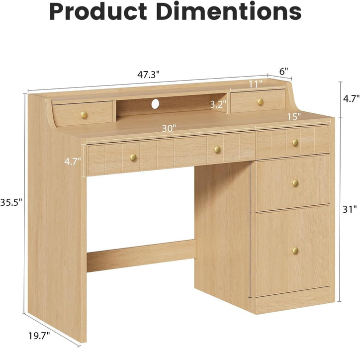 Office Desk with Drawers, 47" Wide Small Desk with File Drawer, Study Table Wood Writing Desk with Long Monitor Stand for Bedroom,Home Office